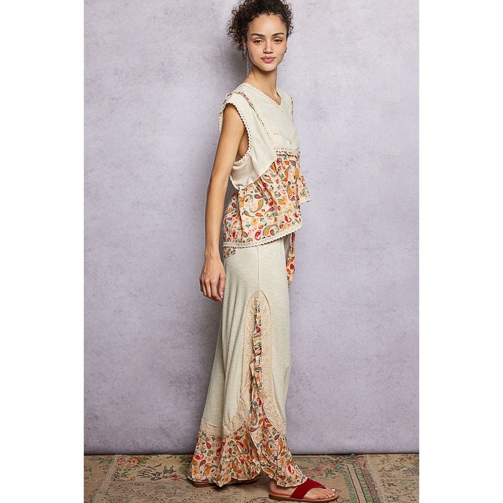 POL Boho Paisley Ruffle Wide Leg Pants Cream Lace Trim Festival Vacation SIZE‎ L - Picture 6 of 6